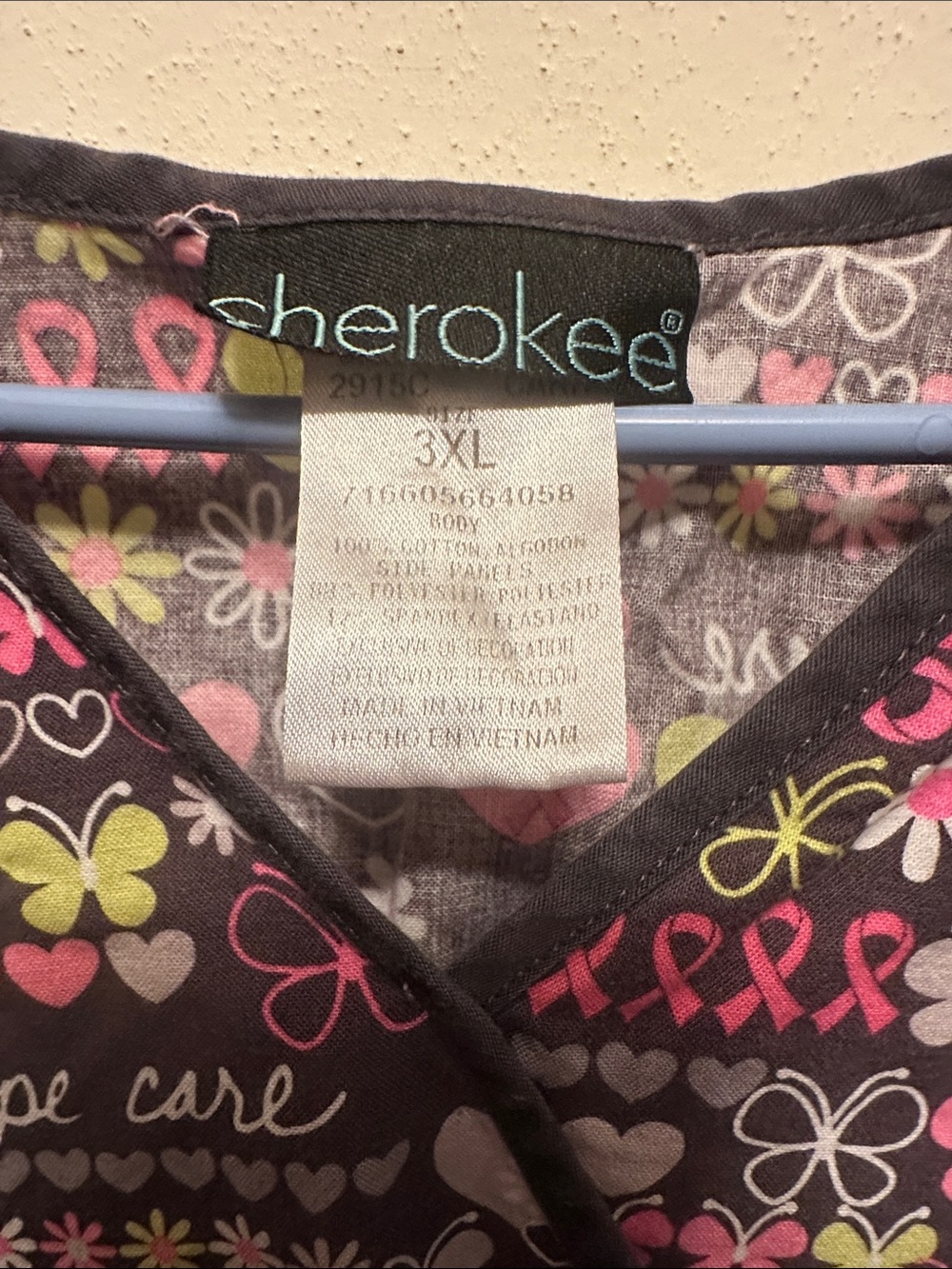 Cherokee Black Scrub Top with Pink & Lime Ribbon and Heart Print - Picture 2 of 3